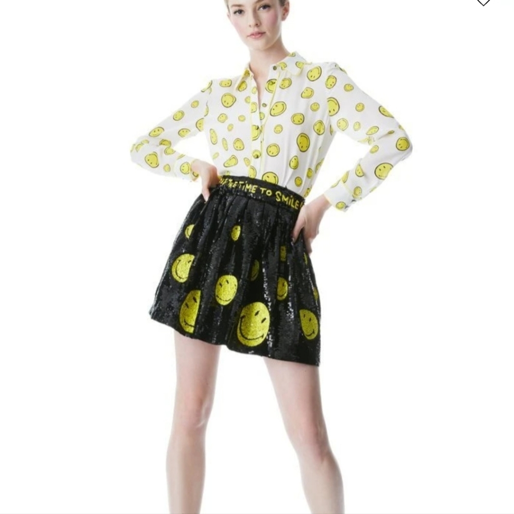 NWt 4 8 black yellow Alice + Olivia smiley mini sequin skirt happy barbiecore - Picture 2 of 10